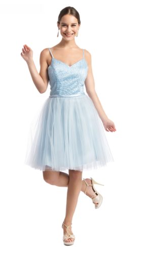 Vestido de fiesta de Alma Gemela corto de corte princesa en tul, de color azul cielo de nueva colección 2023 20150