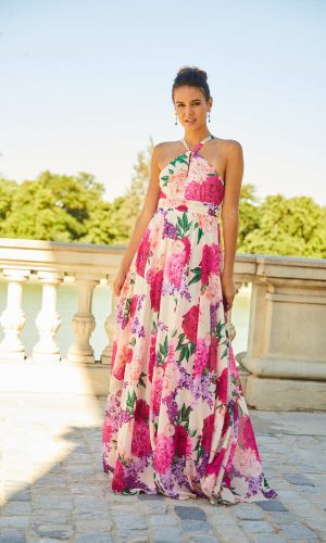 Vestido largo de fiesta Alma Gemela de corte A en gasa de color rosa estampado de nueva colección 2023 23005