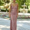Vestido largo de fiesta Alma Gemela de corte sirena en tul con pedrería de color rosa de nueva colección 2023 23053