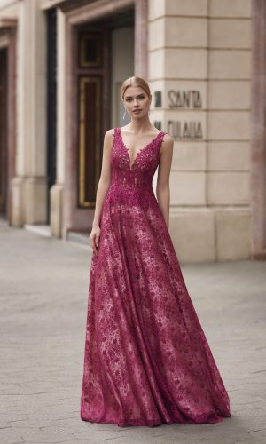 Vestido de fiesta Marfil largo de corte princesa en encaje con pedrería de color rosa de nueva colección 2023 7J167