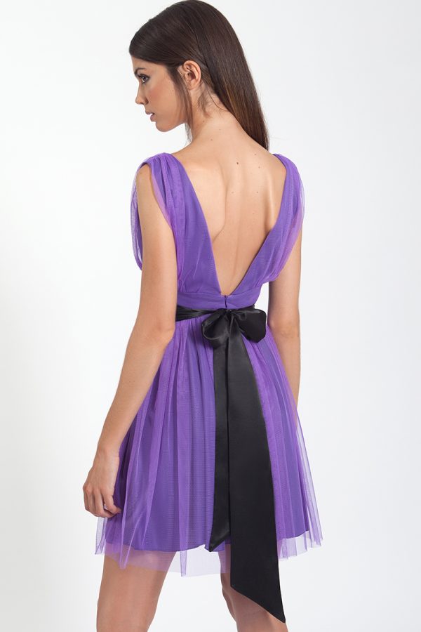 Vestido de Moncho Heredia corto de corte imperio en tul de color morado de la nueva temporada 2023 espalda 1019.7