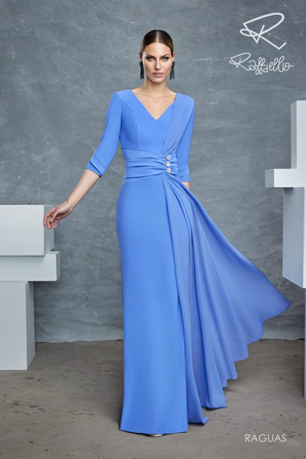 Vestido de Raffaello largo de recto en georgette de color azul de la nueva temporada 2023 raguas