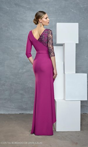 Vestido de Raffaello largo de recto en georgette de color magenta de la nueva temporada 2023 espalda ramelis