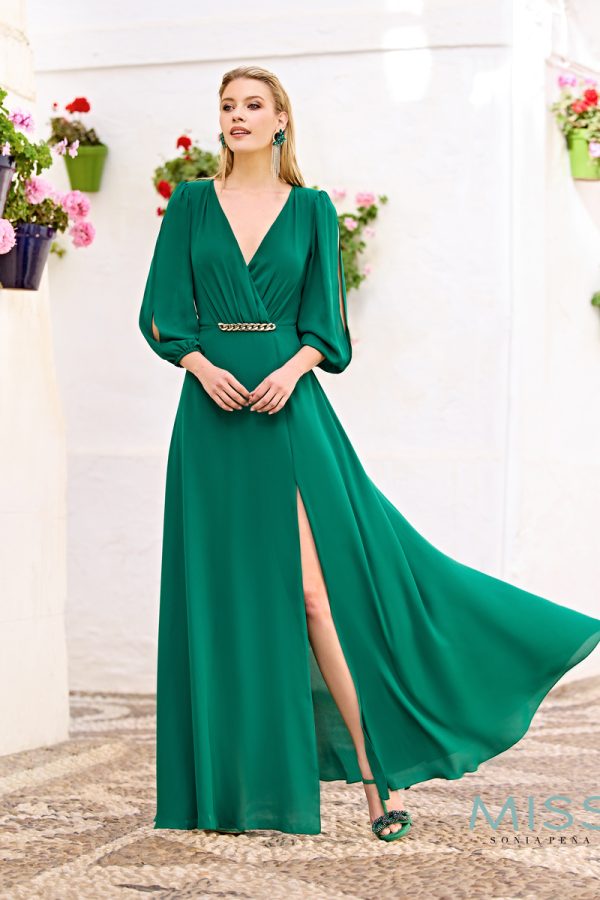 Vestido Miss de Sonia Peña largo de corte A en gasa de color verde de la nueva temporada 2023 1233014
