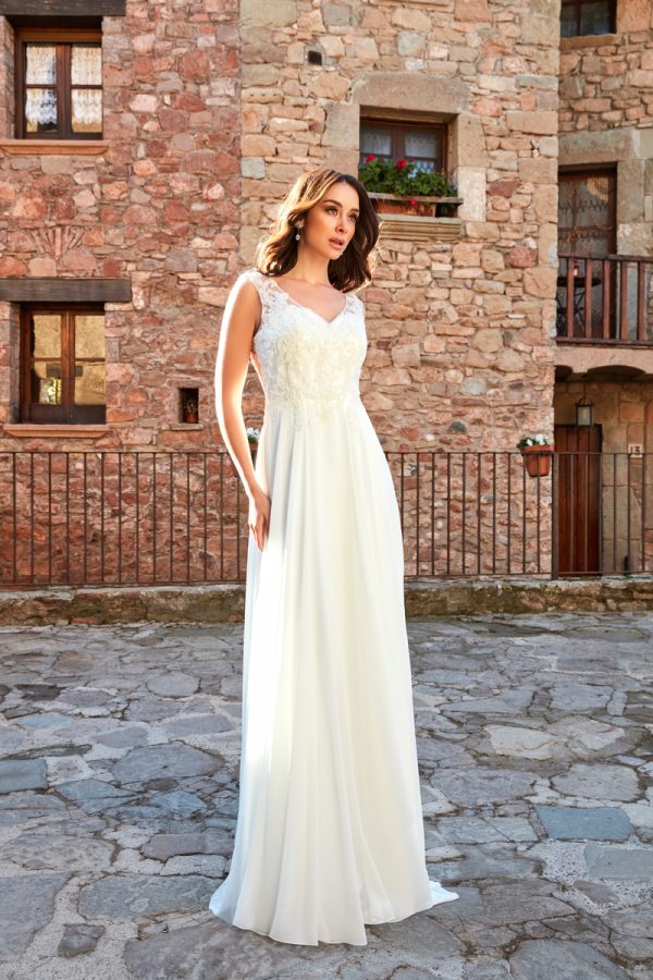 Vestido largo de novia Lera Fashion de corte A en gasa y tul de color blanco de nueva colección 2023 18283
