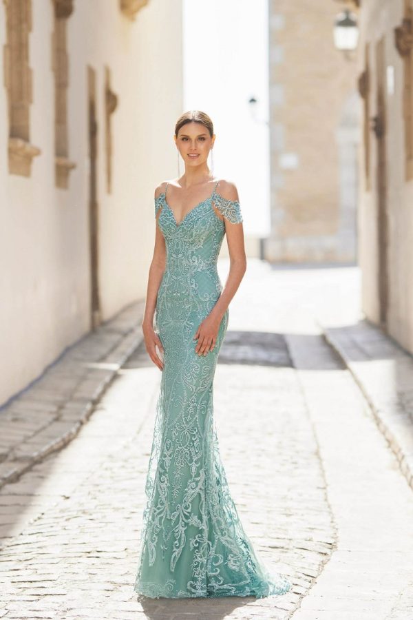 Vestido largo de fiesta Marfil de corte sirena de color jade de nueva colección 2023 5j2J4